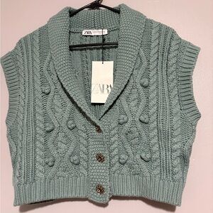 Zara Women's Cable Knit Cardigan Vest Size XS-SM in Blue/Green color